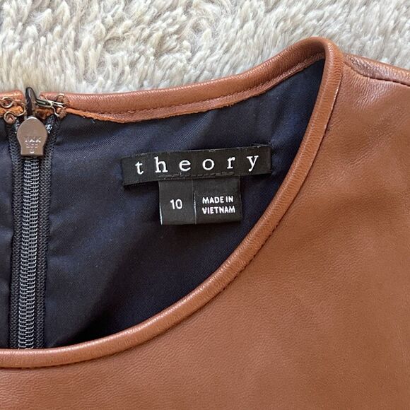 Theory CalvinoDress Sleeveless Mix Media Lamb Leather Tweed Navy Brown Size 10 - Picture 4 of 10